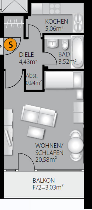 Grundriss-Typ-S Etagenwohnung Augsburg / Zentrum